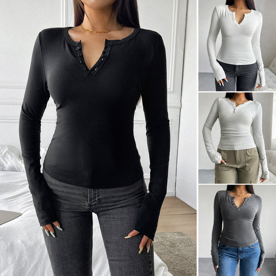 Damen nan tailliertes Henley-Longsleeve mit Stretchjersey und Daumenloch EB