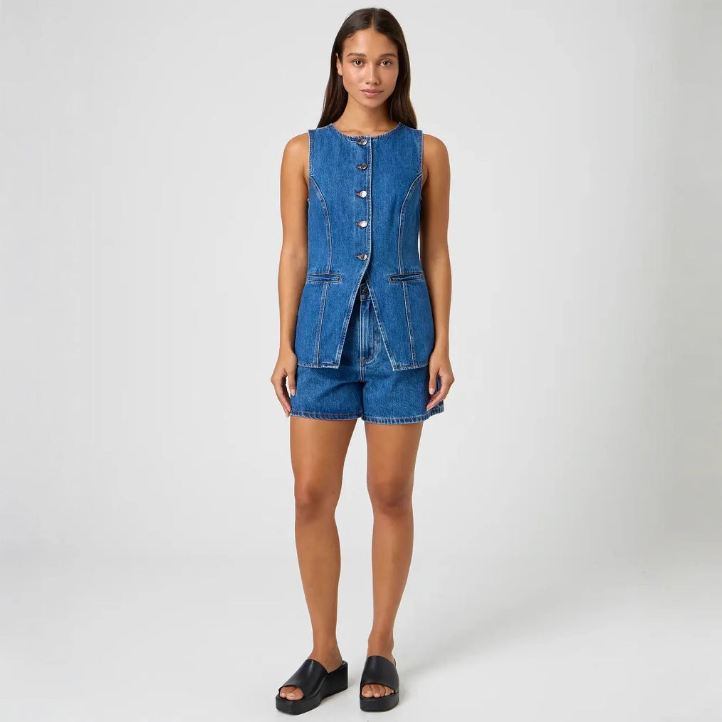 Damen Jeansweste mit tailliertem Schnitt und praktischen Taschen EB