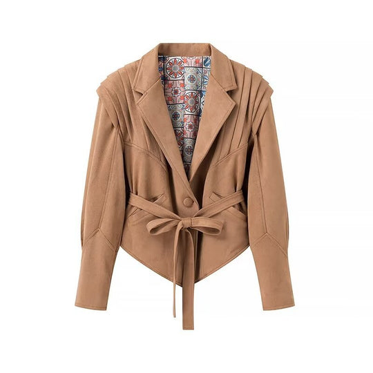 Damen modische kurze Blazerjacke mit Gürtel und dekorativen Falten EB