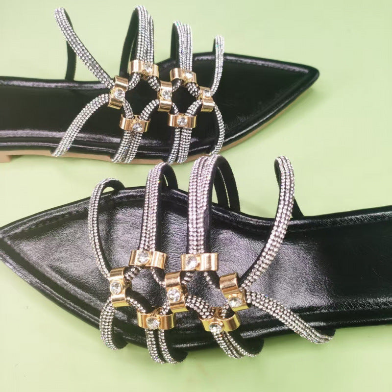 Damen elegante Riemchen-Sandalen mit funkelnden Akzenten und spitzem Zehenbereich EB