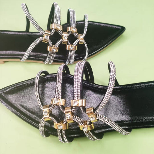 Damen elegante Riemchen-Sandalen mit funkelnden Akzenten und spitzem Zehenbereich EB