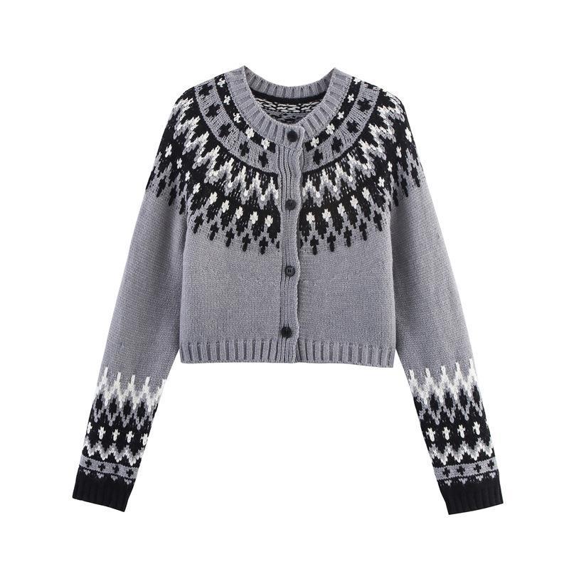 Damen gestrickte Winterjacke mit traditionellem Muster und Knöpfen EB