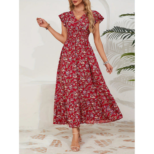 Damen Maxikleid mit floralem Design und voluminösen Ärmeln EB