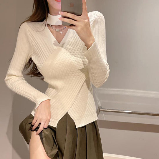 Damen elegantes Wickeloberteil aus geripptem Strickmaterial EB