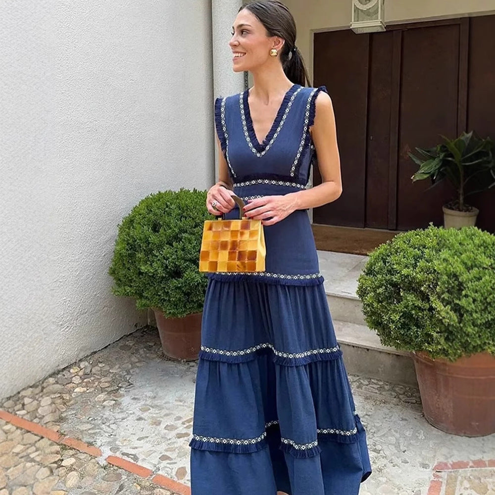 Damen Maxikleid mit elegantem V-Ausschnitt und Rüschendetails EB