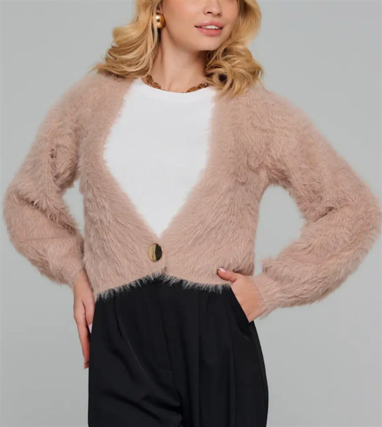 Damen Kurze flauschige Kunstfell-Cardigan mit offenem Schnitt und Raglanärmeln EB