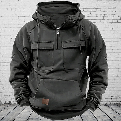 Herren nan taktischer Halbzip Kapuzenpullover mit Brustklappen, Kängurutasche und verstärkten Nähten EB