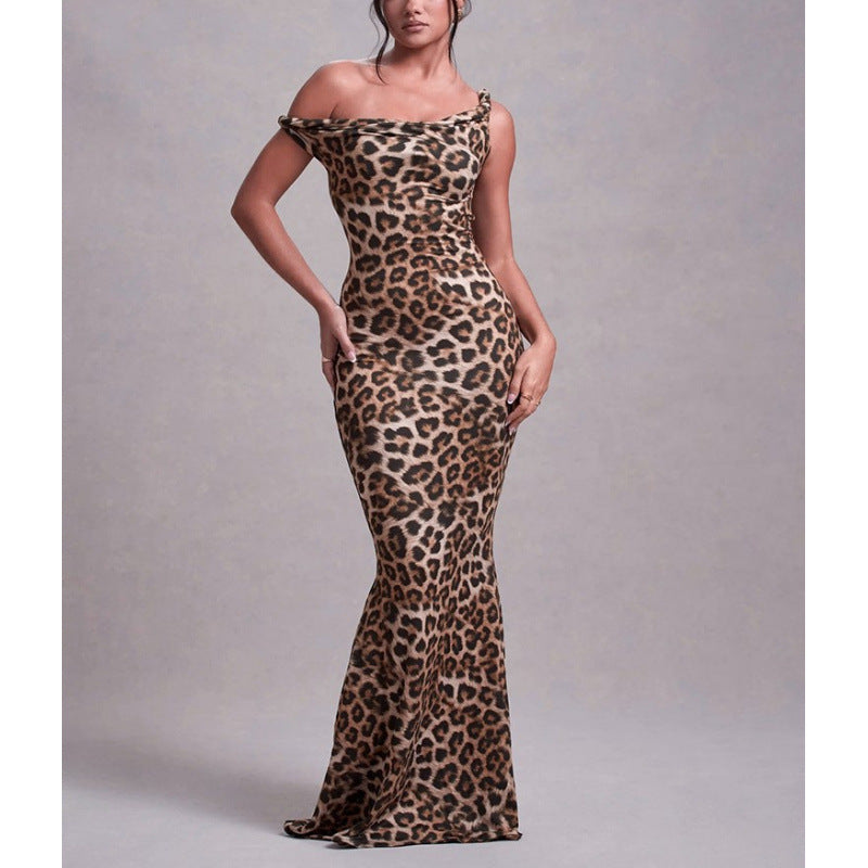 Damen Langarm Maxikleid im eleganten Leopardenmuster EB