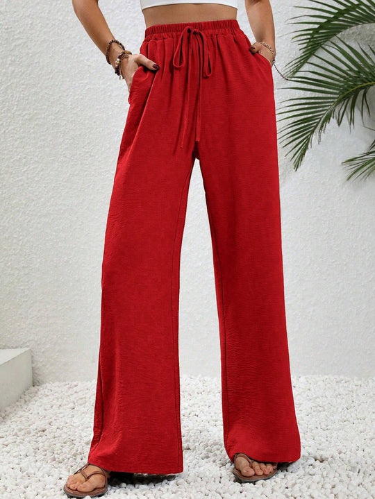 Damen weite Palazzo-Hose mit elastischem Bund und seitlichen Taschen EB