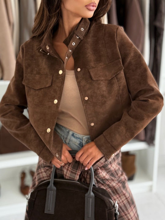 Damen elegante Jacke aus weichem Wildleder mit Knopfdetails EB
