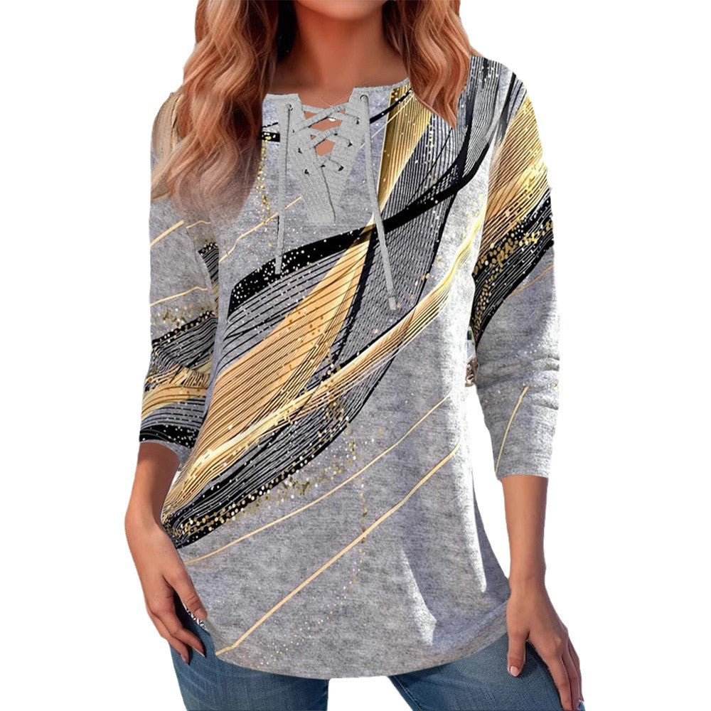 Damen Langarmbluse mit raffiniertem Schnürdesign und abstractem Muster Heidi-Mode