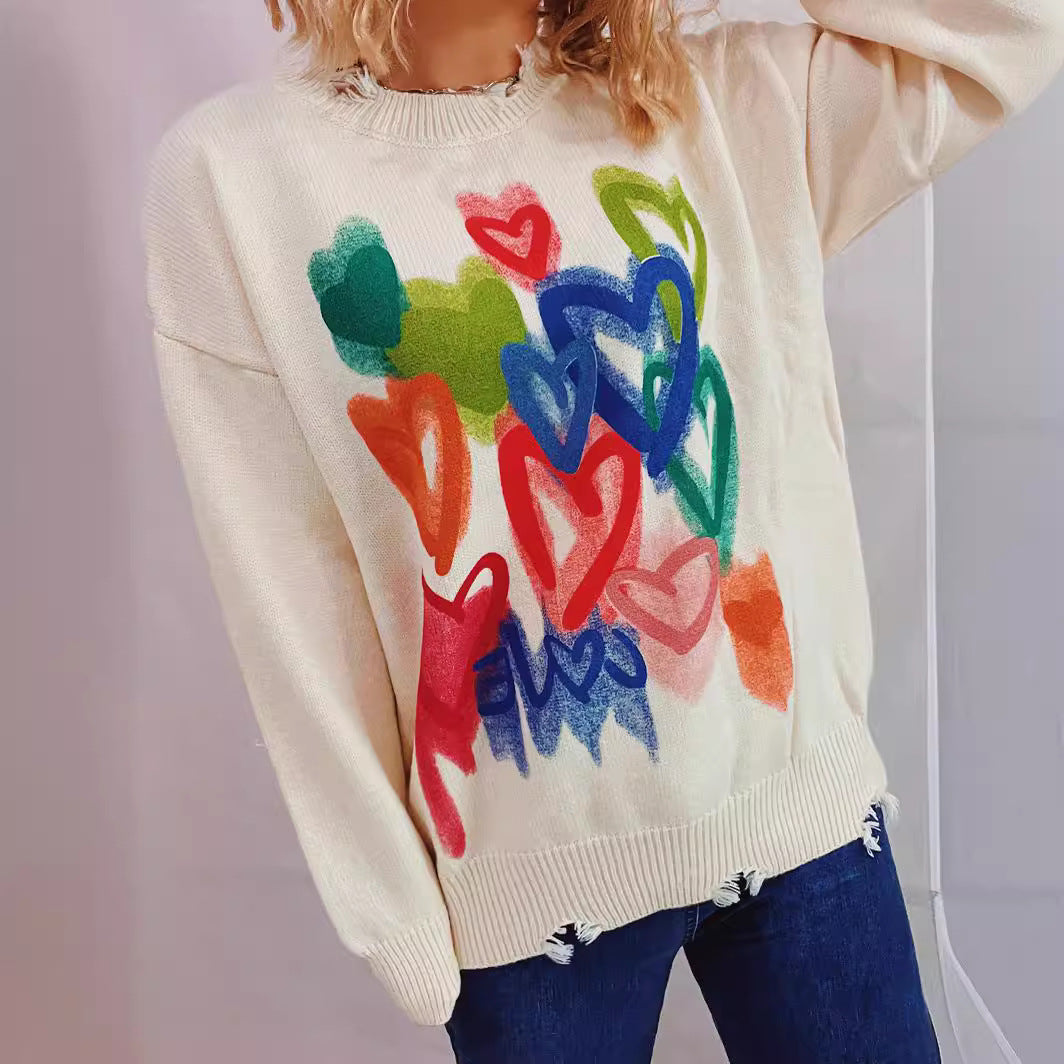 Damen Freizeitpullover mit buntem Herzmotiv und lässigem Schnitt EB