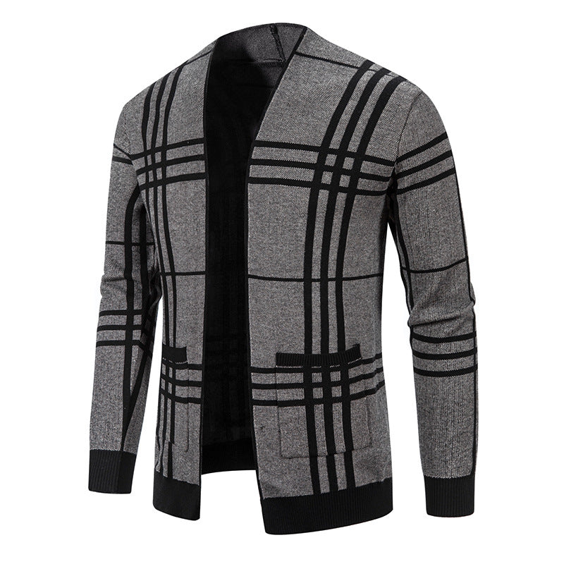 Herren modische Strickjacke im karierten Design mit praktischen Taschen EB