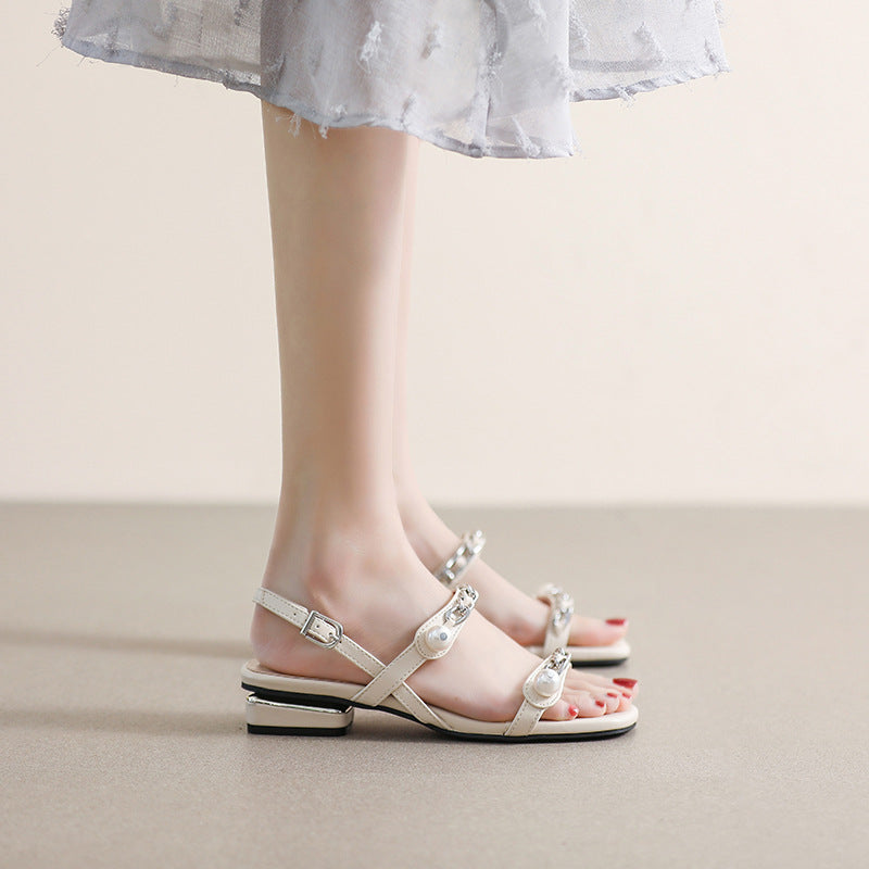 Damen Sandalen mit eleganter Ketten- und Perlenapplikation EB