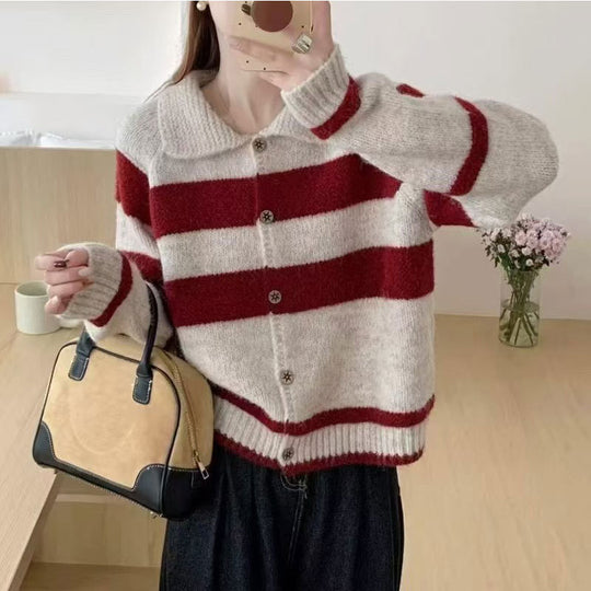 Damen Strickjacke mit dekorativem Kragen und modischen Streifen EB