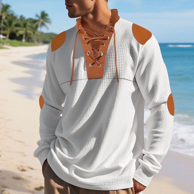 Herren lässiges Langarm-Henley-Shirt mit ausgefallenem Schnürdesign und kontrastrierenden Ellenbogen-Patches EB