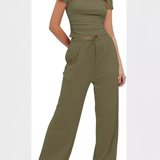 Damen lässiger Zweiteiler mit cropped Oberteil und weitem Beinkleid EB