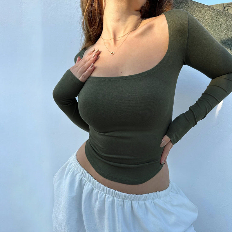 Damen Enganliegendes Langarm-Croppedshirt mit quadratischem Ausschnitt EB
