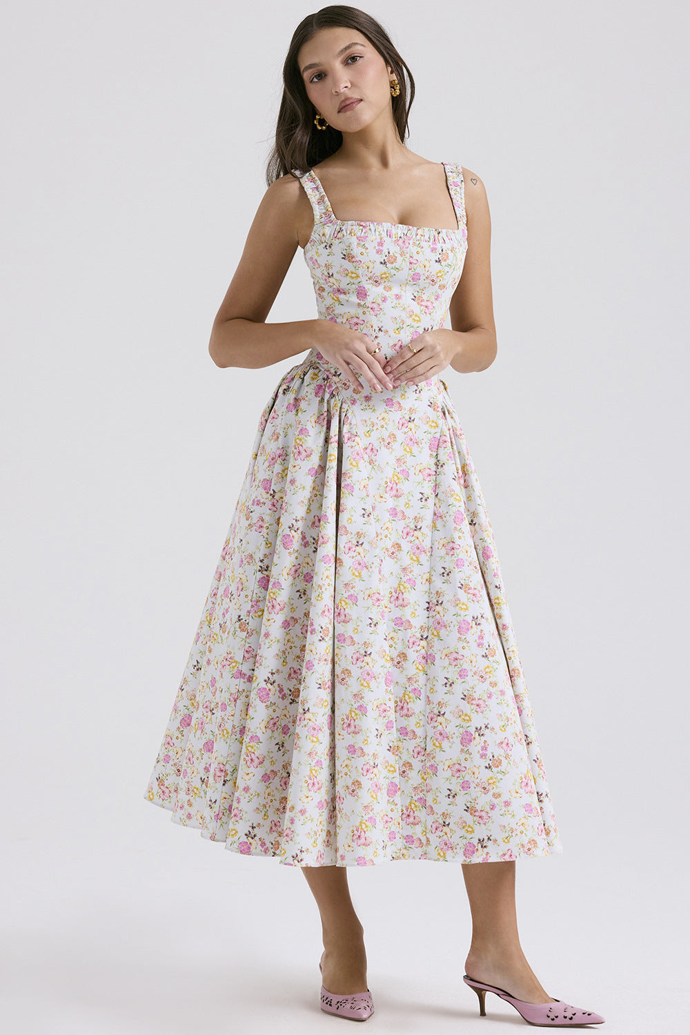 Damen Midi-Kleid mit floralem Muster und angeschnittenem Rock EB