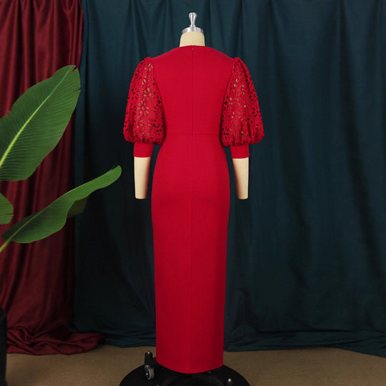 Damen elegantes Maxi-Kleid mit extravaganten Puffärmeln und schickem Schlitz EB