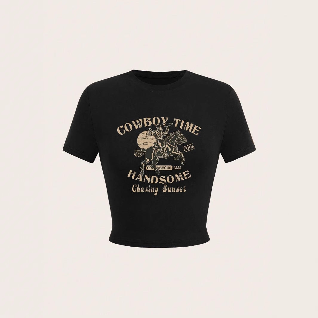 Damen Crop-Shirt mit auffälligem Cowboy-Motiv und stilvollem Schnitt EB