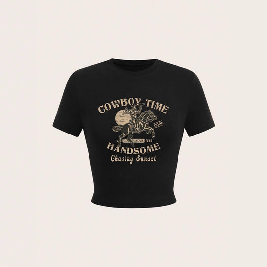 Damen Crop-Shirt mit auffälligem Cowboy-Motiv und stilvollem Schnitt EB