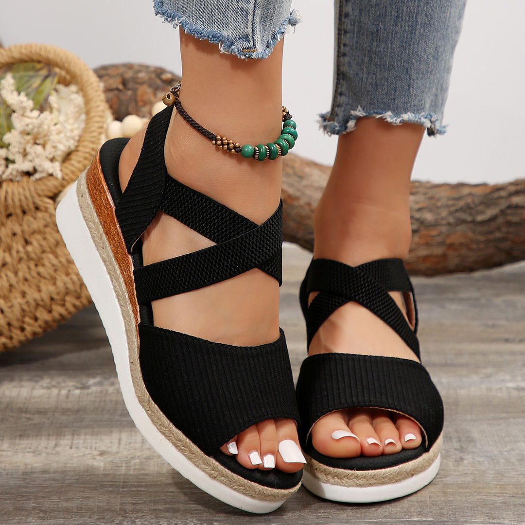 Damen Komfort-Keil-Sandalen mit elastischem Kreuzriemen und geflochtener Plateau-Sohle EB