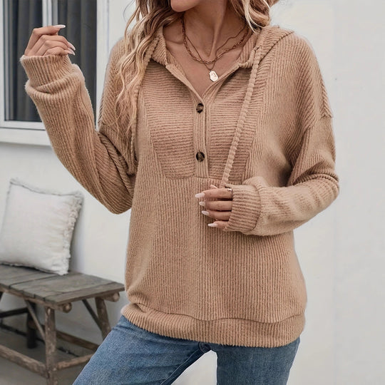 Damen kuscheliger Kapuzenpullover mit Knopfleiste und Rippstruktur EB