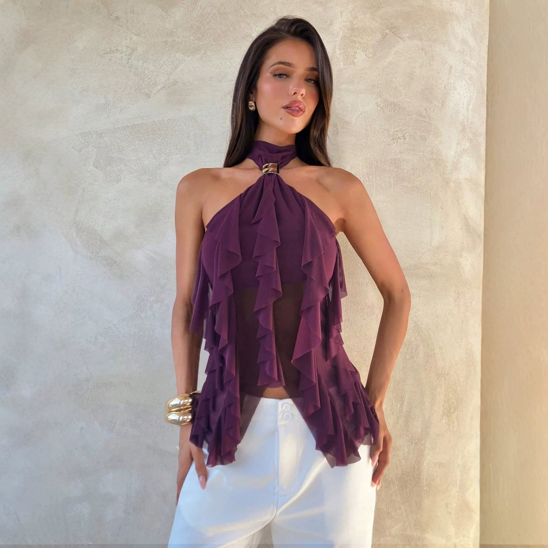 Damen nan Chiffon-Haltertop mit dekorativem Metallring und mehrlagigen Volants EB