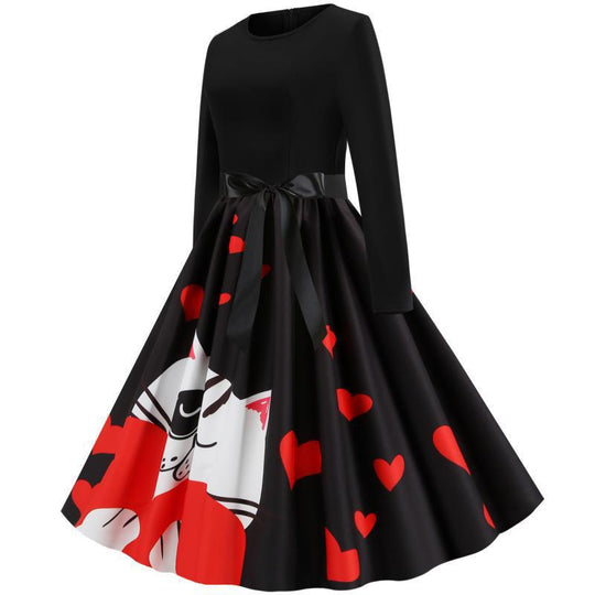Damen Retro-Tellerkleid mit figurbetontem Oberteil, Satin-Taillengürtel und Katzen-Herz-Print EB
