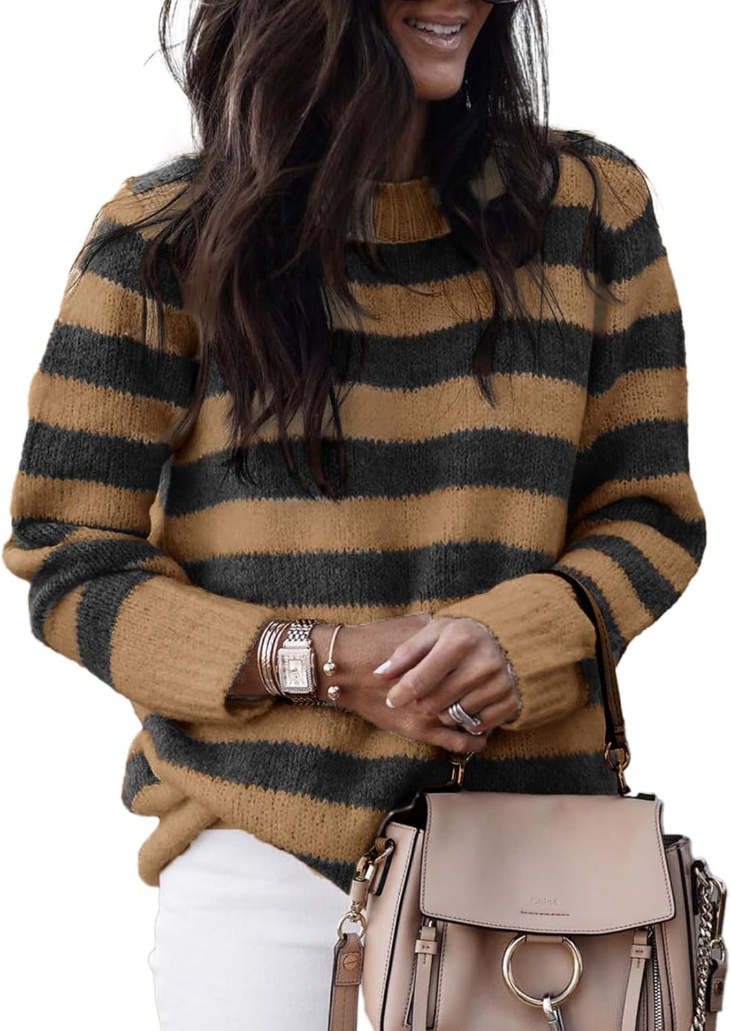 Damen lässiger Strickpullover mit breiten Querstreifen EB