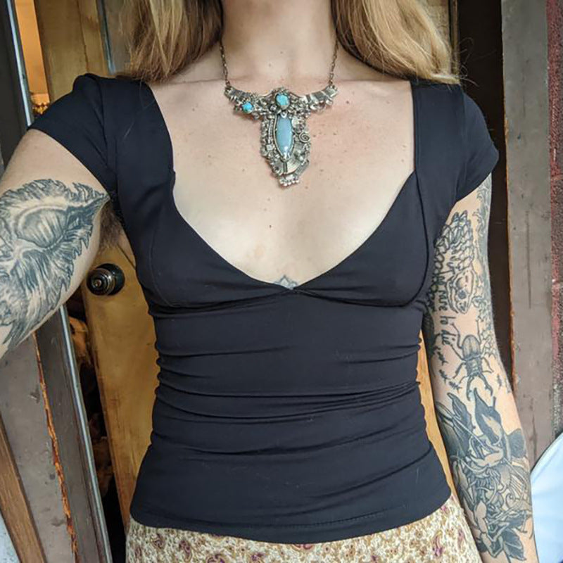 Damen Figurumspielendes T-Shirt mit V-Ausschnitt und kurzem Arm EB