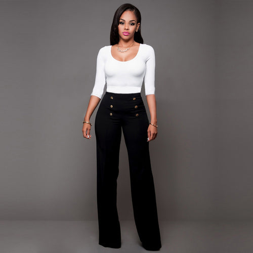 Damen hochtaillierte Palazzo-Hose mit dekorativen Knopfdetails EB