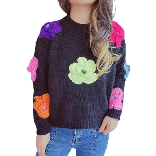 Damen kuscheliger Strickpullover mit floralem 3D-Motiv EB