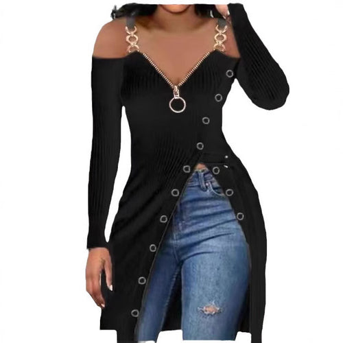 Damen Figurbetontes V-Ausschnitt Kleid mit Zipper und Schmuckdetails EB