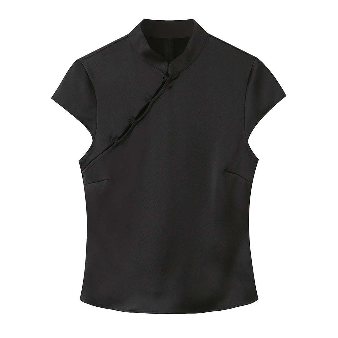 Damen elegantes Oberteil mit asymmetrischem Kragen und Knopfdetails EB