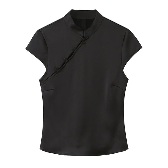 Damen elegantes Oberteil mit asymmetrischem Kragen und Knopfdetails EB