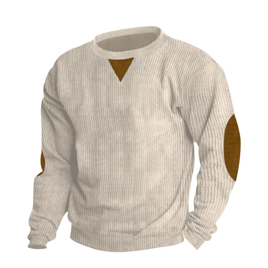 Herren nan grobgerippter Rundhals-Strickpullover mit Ellbogenpatches und Dreiecksdetail EB