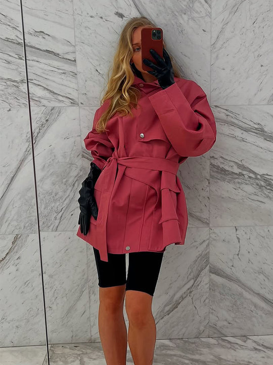 Damen Langer Trenchcoat mit breitem Kragen und taillierbarem Gürtel EB