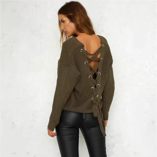 Damen Strickpullover mit tiefem V-Ausschnitt und dekorativem Rückendesign EB