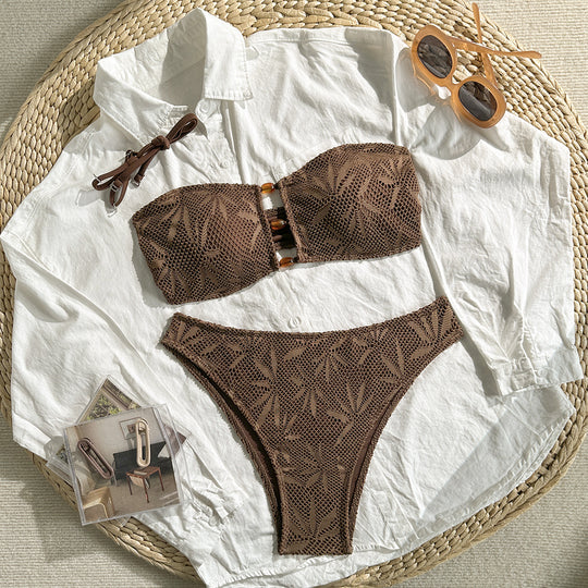 Damen Bandeau-Bikini mit floralem Häkelmuster EB