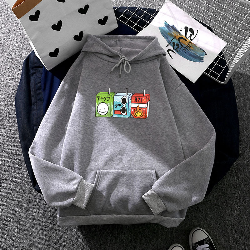 Damen nan oversized Kapuzenpullover mit Cartoon-Getränkekarton-Print, Kängurutasche und weichem Innenfutter EB