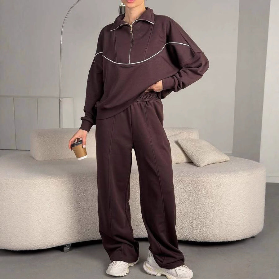 Damen Lockeres Loungewear-Set mit halbhohem Reißverschluss, überschnittenen Schultern und weiter Palazzohose EB