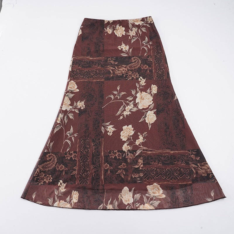 Damen Maxi-Rock mit floralem Design und transparenter Chiffon-Überlage EB