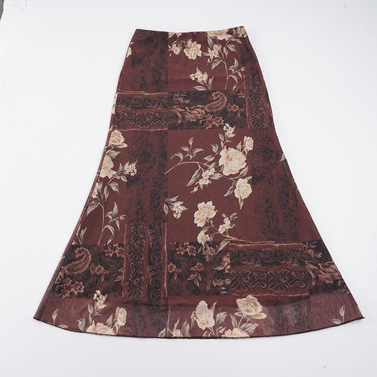 Damen Maxi-Rock mit floralem Design und transparenter Chiffon-Überlage EB