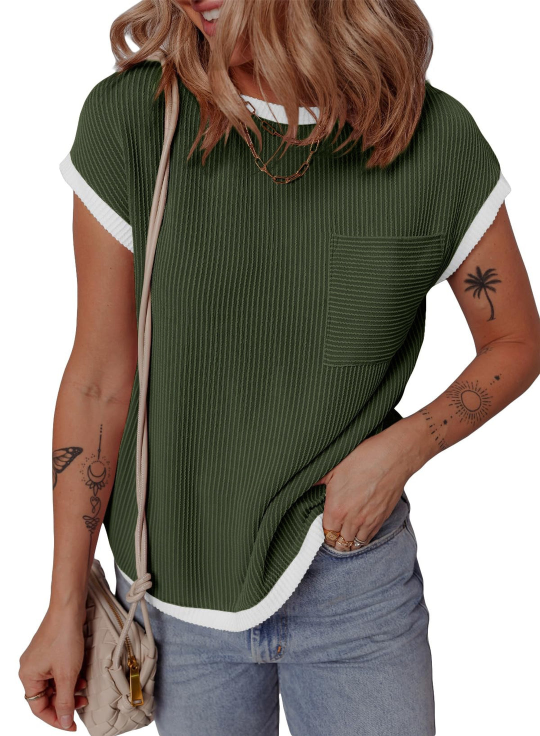 Damen modisches T-Shirt mit strukturiertem Material und Brusttasche EB