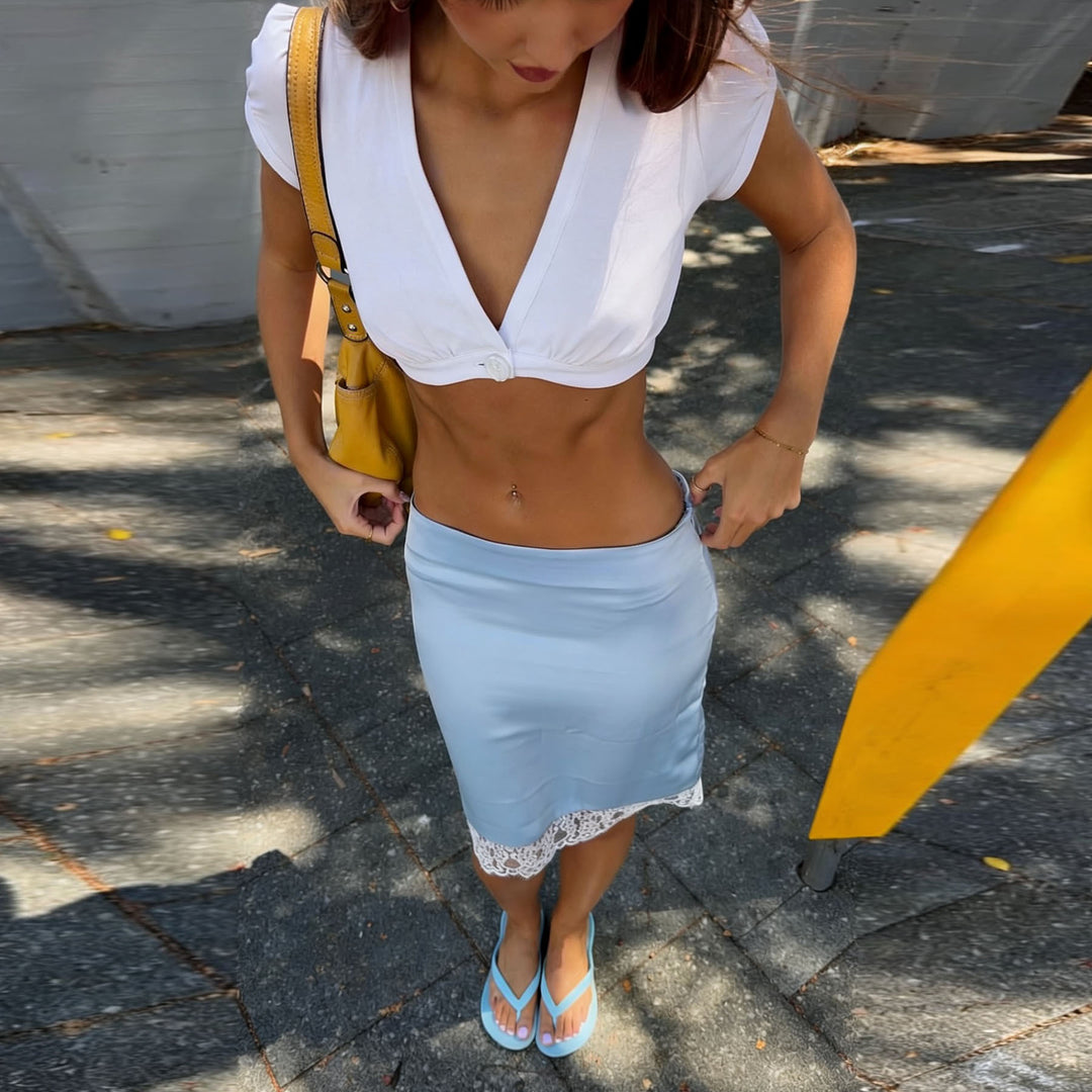 Damen Crop-Top mit tiefem V-Ausschnitt und Puffärmeln EB