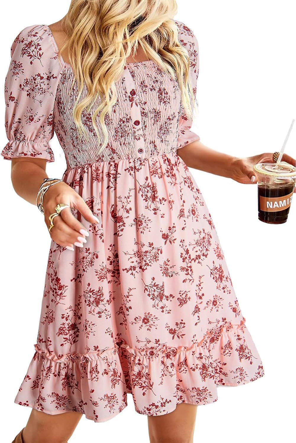 Damen romantisches Sommerkleid mit Puffärmeln und Rüschen EB