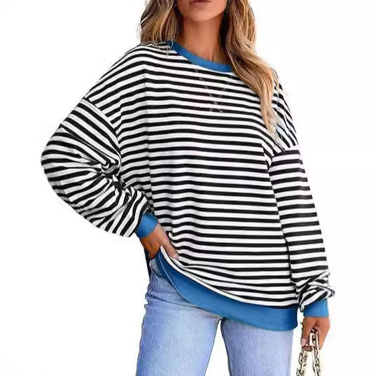 Damen Lässiger Sweater mit Breiten Streifen EB
