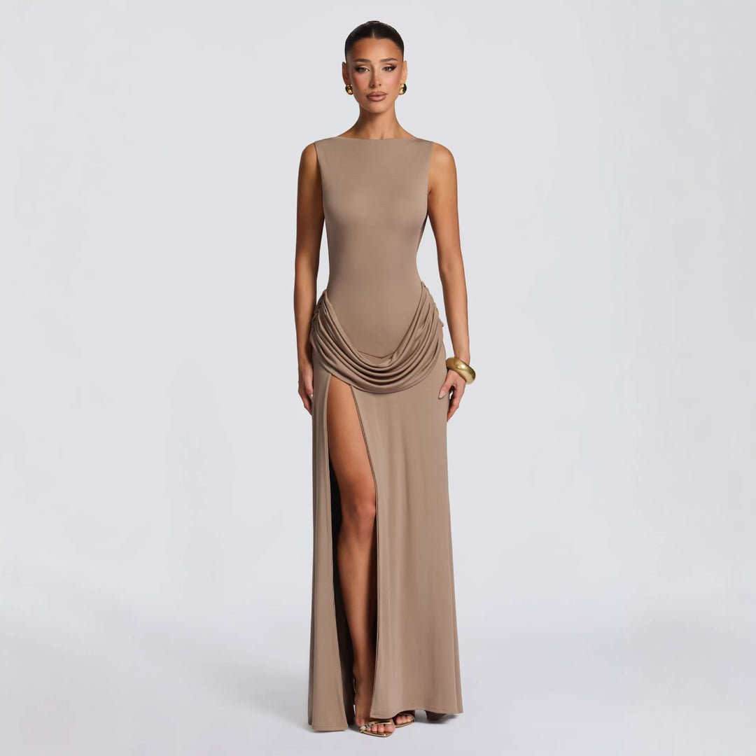 Damen elegantes Wickel-Maxikleid mit asymmetrischem Rüschendesign und sexy Schlitz EB